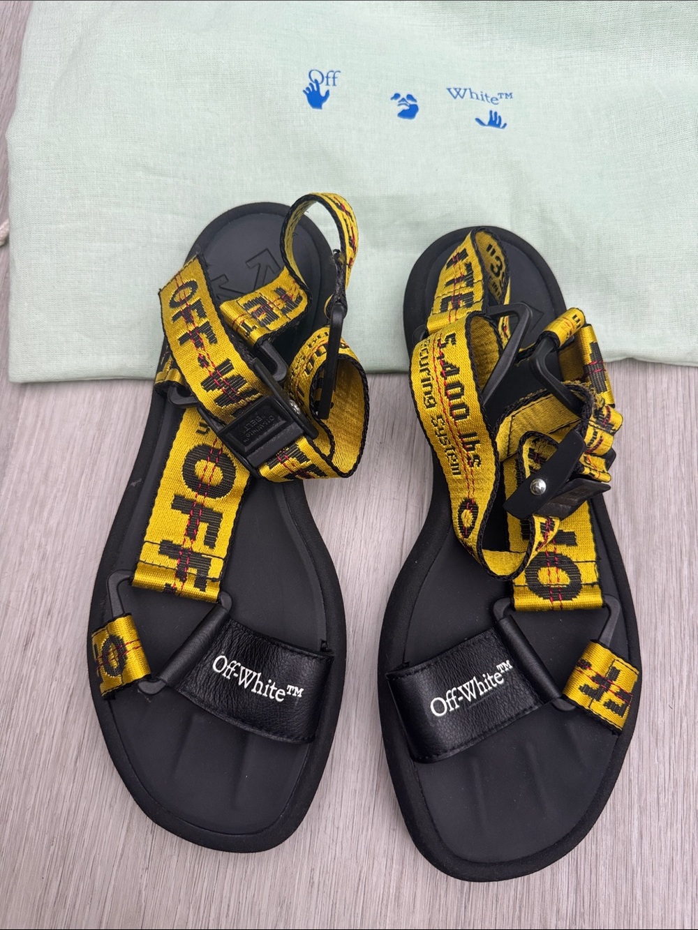 Off-White Black Sandals with Yellow Industrial Straps
